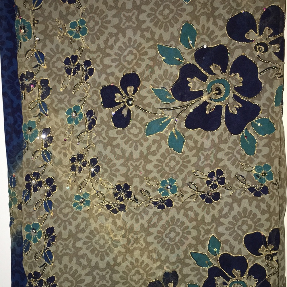 Blue and beige sequin floral saree